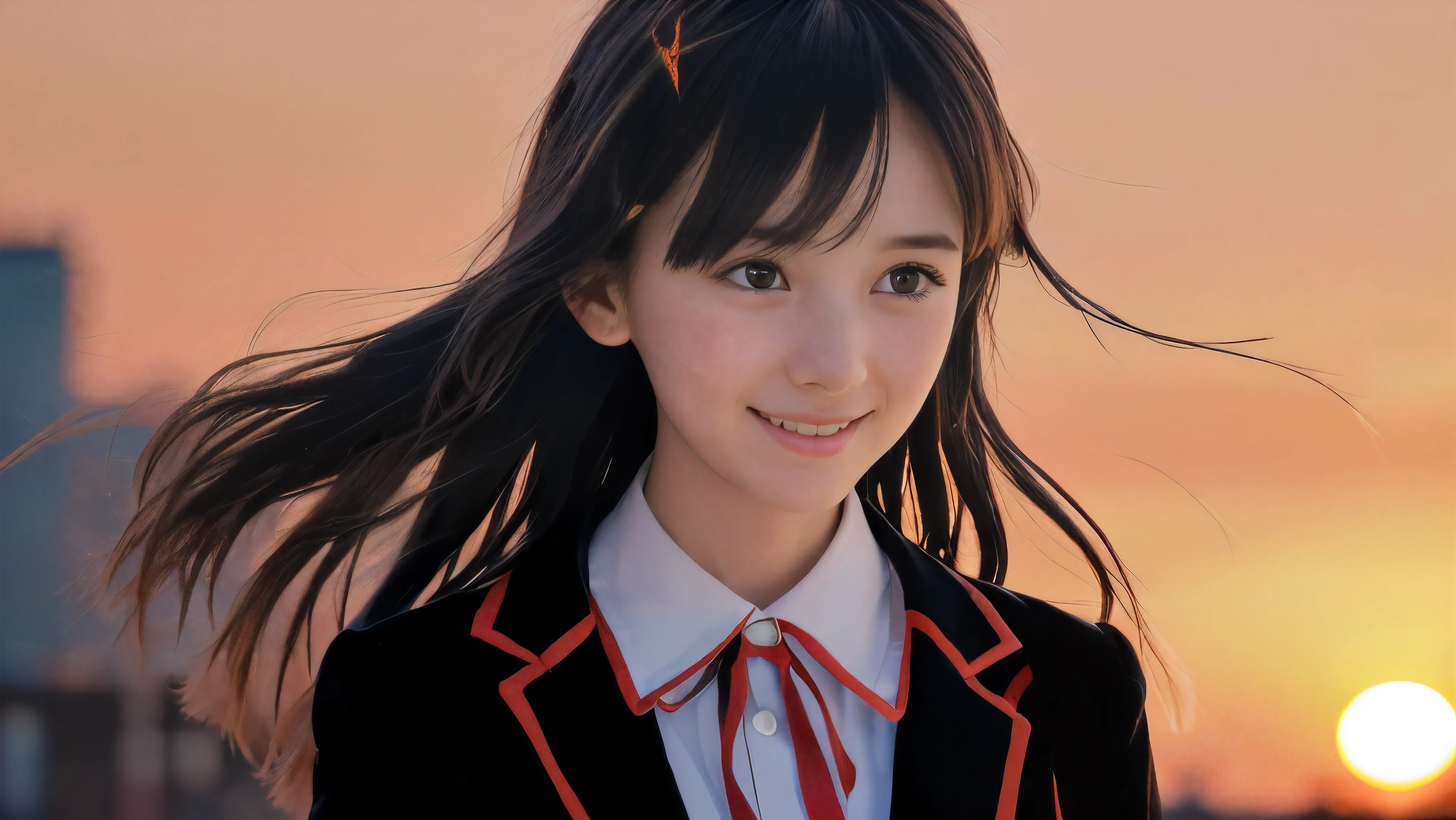 (Close up face shot of one slender small breasts two side up black medium hair bangs girl with crying little smile face in long sleeves black school uniform:1.5)、(One girl is turn around at sunset red sky with her face is reflected sunset light and her hair is blowing in long sleeves black school uniform:1.5)、(Beautiful red sunset sky at skyscraper city landscape:1.5)、(8k ultra detailed master piece:1.5)、(perfect anatomy:1.5)、(Photorealistic stick:1.5)、(Raw photo:1.3)、(highest quality:1.5)、(High resolution:1.3)、(Delicate and beautiful perfect face:1.3)、(Delicate and beautiful eye air skin:1.3)、(Real Human Skin:1.3)、((thin legs))