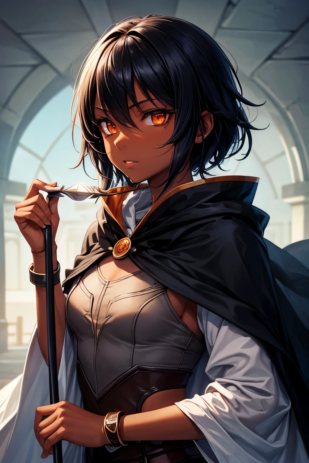 1 girl, alone, dark skin, Dark-skinned women, Upper Body, cloak, sabre, Tomboy, Orange eyes, black hair