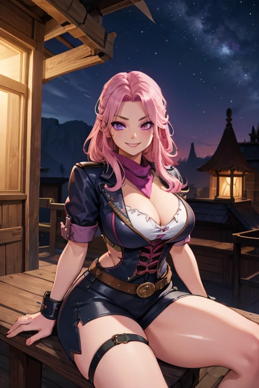 A pink haired female cowgirl with violet eyes with an hourglass figure in a conservative cowgirl outfit is sitting on the roof of a wild west home at night with a big smile