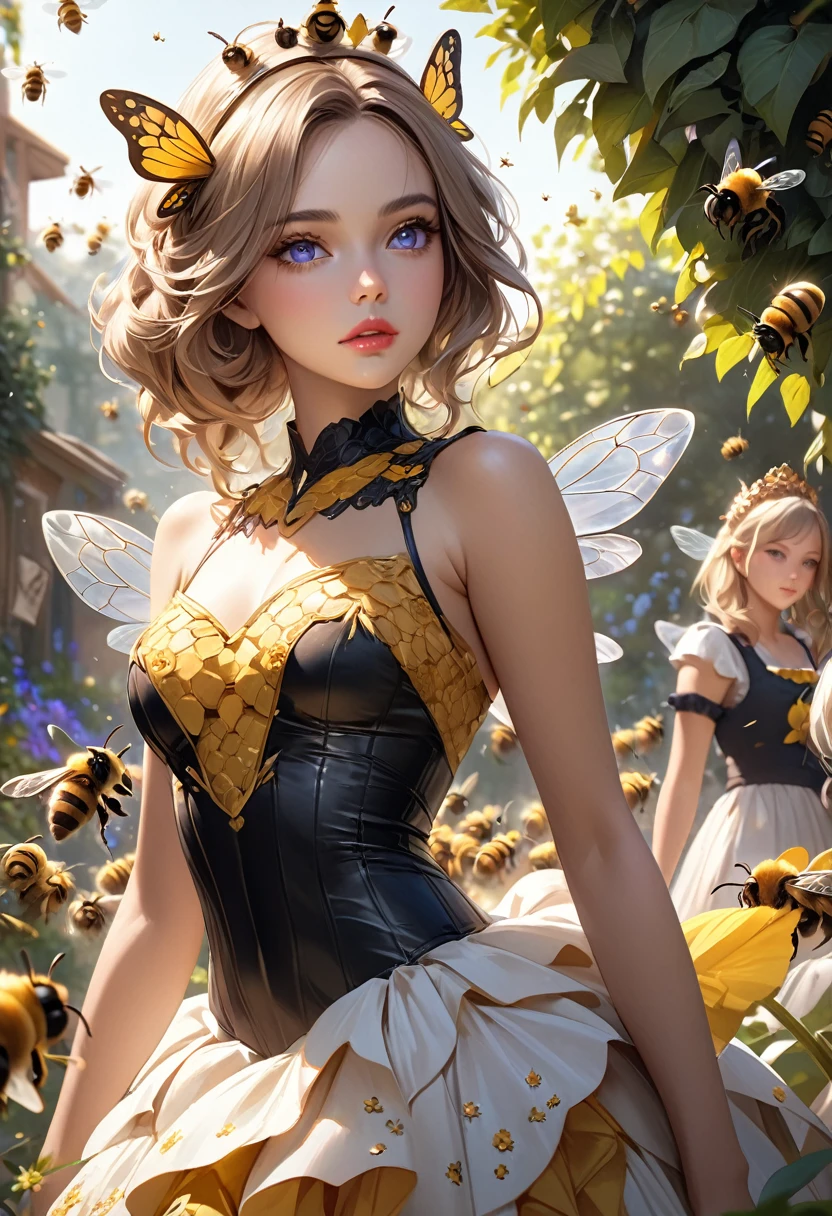 a girl in a bee costume, photorealistic, full body shot, extremely detailed facial features, subtle skin tones, HD, 8k, ultra high resolution, exquisite details, hyper realistic, gentle breeze, flowing hair and miniskirt, riverside flower field