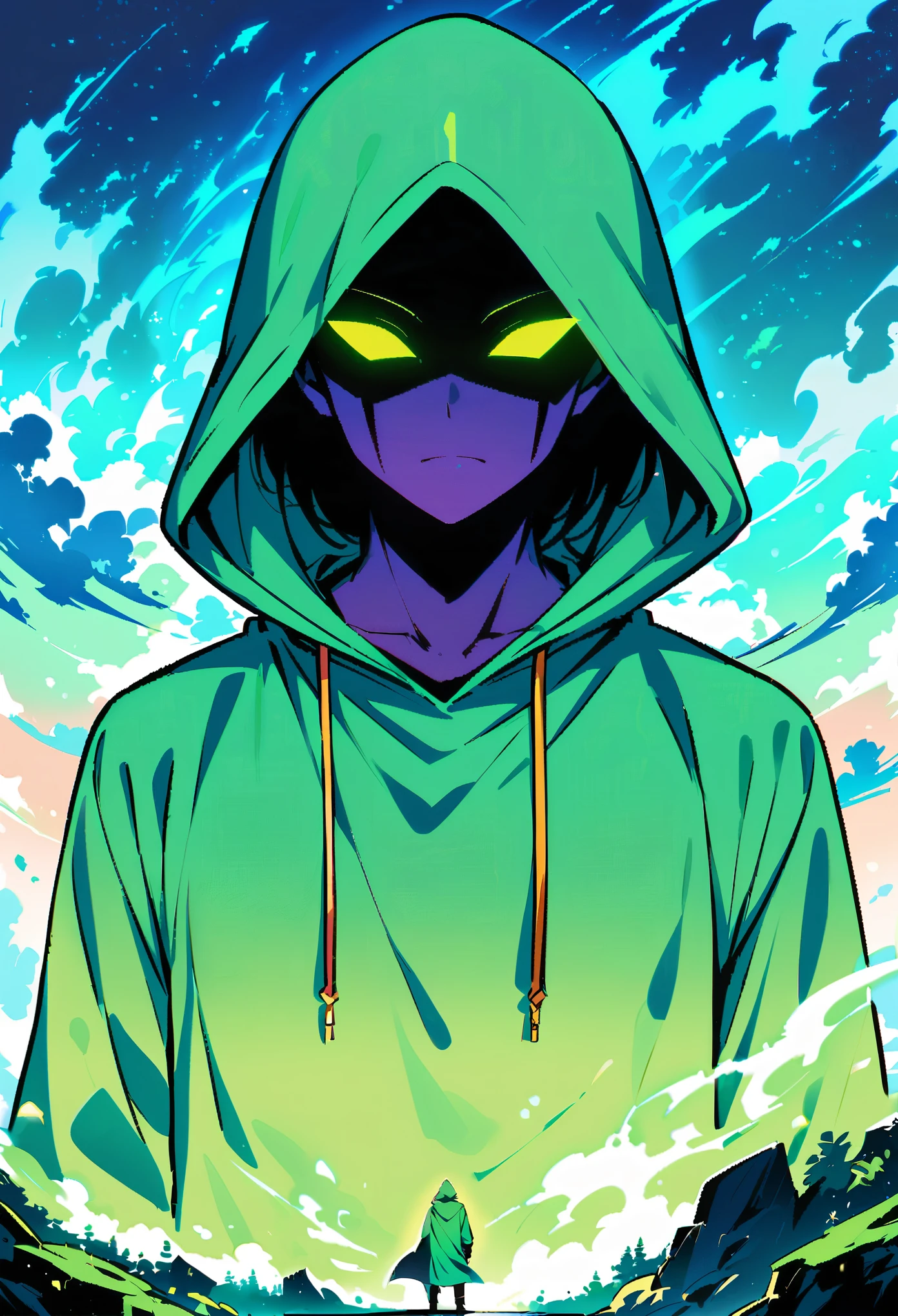 Man in green hood, Mysterious and dark face, There was a green glow in his eyes, Glowing landscape in the background