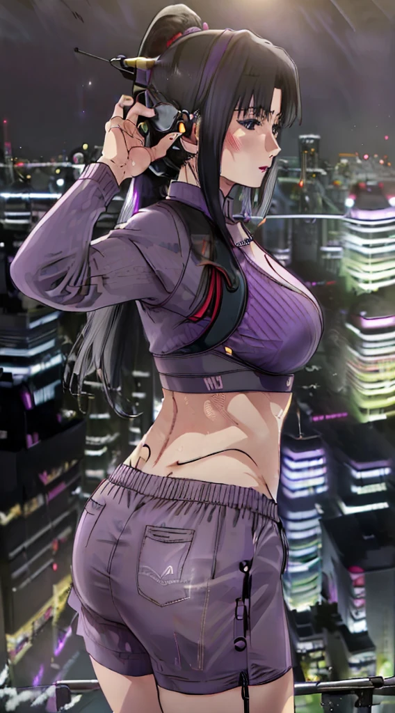 top-quality、Top image quality、​masterpiece、girl with((18year old、Best Bust、big bast,Beautiful purple eyes、Breasts wide open, Purple ponytail、A slender、Large valleys、Purple Sports Bra、Black jacket,Purple shorts,Red high heels、Reflecting the whole body、Purple Necklace、Red face、Slippery texture、Headphones on the head,Holding your phone in your hand、Flying Attack Drone、posterior view、emphasis on the buttocks、Anxious face)）hiquality、Beautiful Art、Background with((A city that shines at night)))、,masutepiece、visualart、depth of fields、