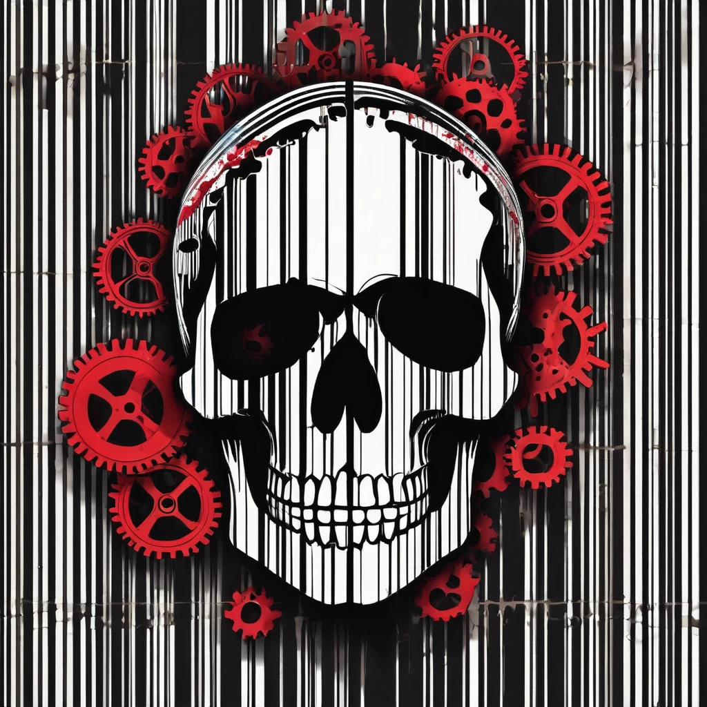 skull formed by a bleeding barcode, bacground factory gears.