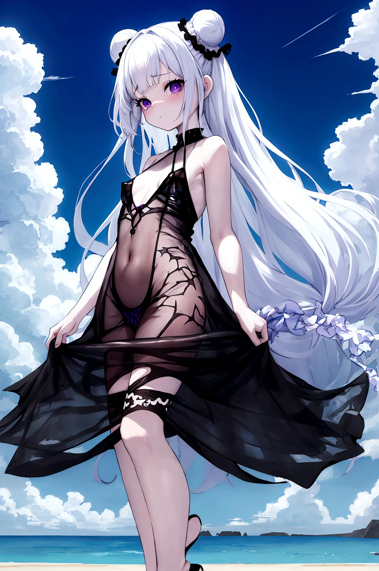 Black purple hair,Purple eyes,Carly,Adorable,age Girls,((See through the gorgeous see-through black dress)),High heels on your feet,Standing on the surface of the sea,Standing on the surface of the sea,whole body,Fingers and arms are not exposed,Background sea,Blue sky and white clouds,,Happy expression,High quality light and shadow,Artistic Sense((Hair Bun))(Very long hair))((Blunt bangs))((Bitch))((tsurime))((Big eyes))((Skinny body))((expensive))(Pale skin))((Botanical Prints))((infant))((Showing nipples under shirt))(Pale skin))((Botanical Prints))((infant))((nsfw))((((5 ye((infant)))((Lolita))
