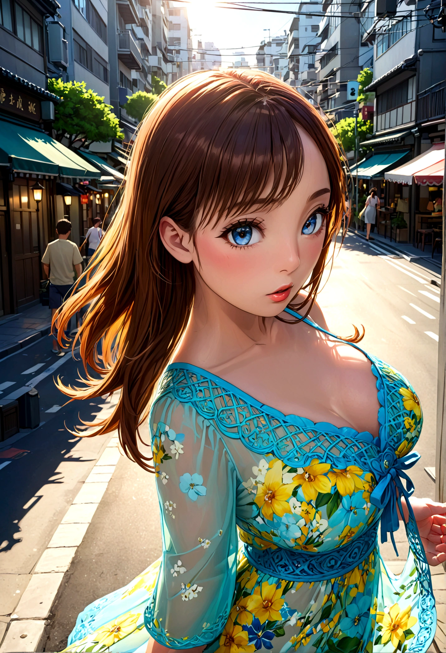 A lovely woman in a sheer brightly colored summer dress, carefree and flirting, low traffic sidewalk in Tokyo, (best quality,4k,8k,highres,masterpiece:1.2),ultra-detailed,(realistic,photorealistic,photo-realistic:1.37),beautiful detailed eyes,beautiful detailed lips,extremely detailed eyes and face,longeyelashes,detailed portrait,attractive female, warm sunlight, vibrant colors,natural lighting,intricate details,beautiful scenery,city street,urban environment,summer atmosphere