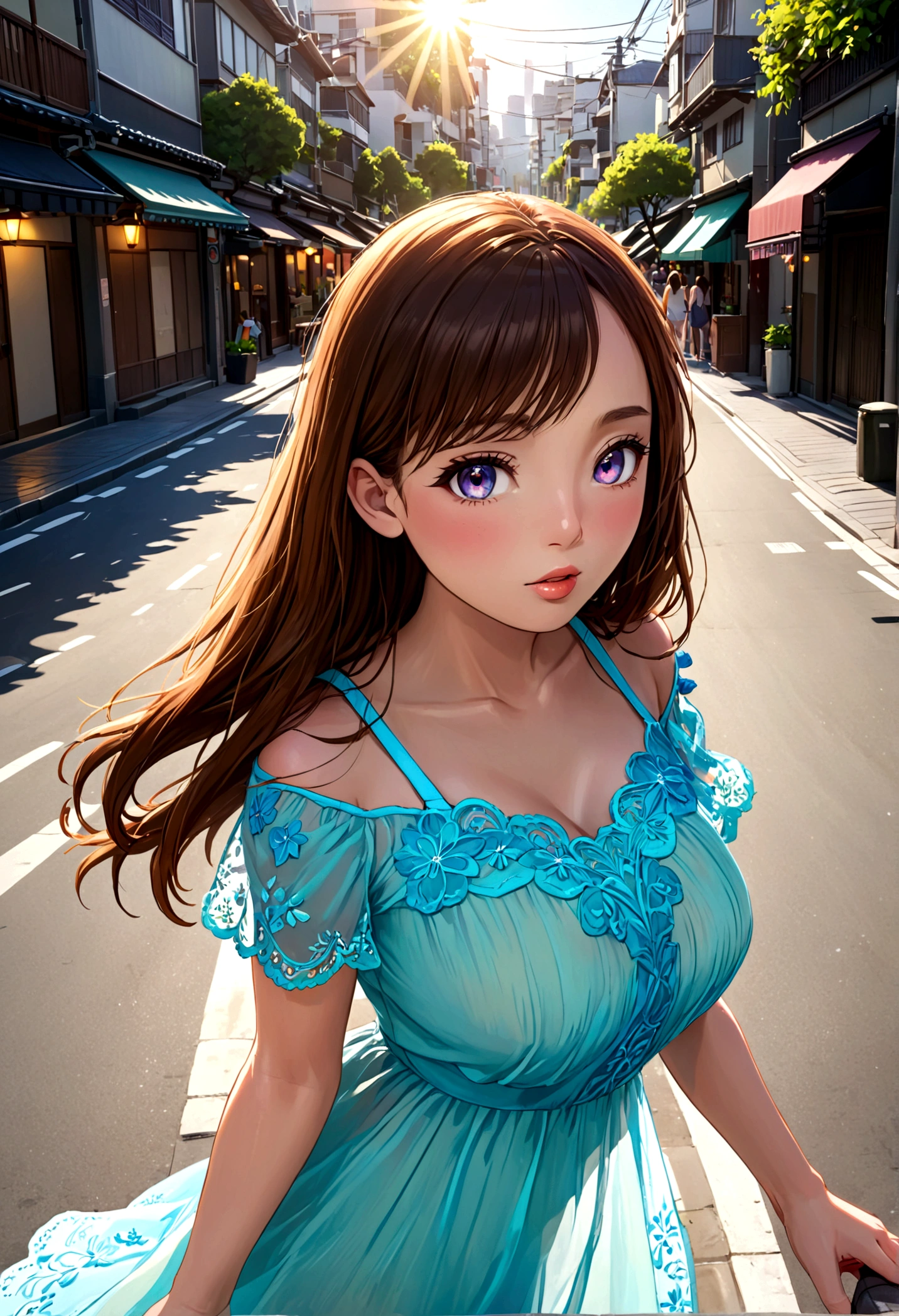 A lovely woman in a sheer brightly colored summer dress, carefree and flirting, low traffic sidewalk in Tokyo, (best quality,4k,8k,highres,masterpiece:1.2),ultra-detailed,(realistic,photorealistic,photo-realistic:1.37),beautiful detailed eyes,beautiful detailed lips,extremely detailed eyes and face,longeyelashes,detailed portrait,attractive female, warm sunlight, vibrant colors,natural lighting,intricate details,beautiful scenery,city street,urban environment,summer atmosphere