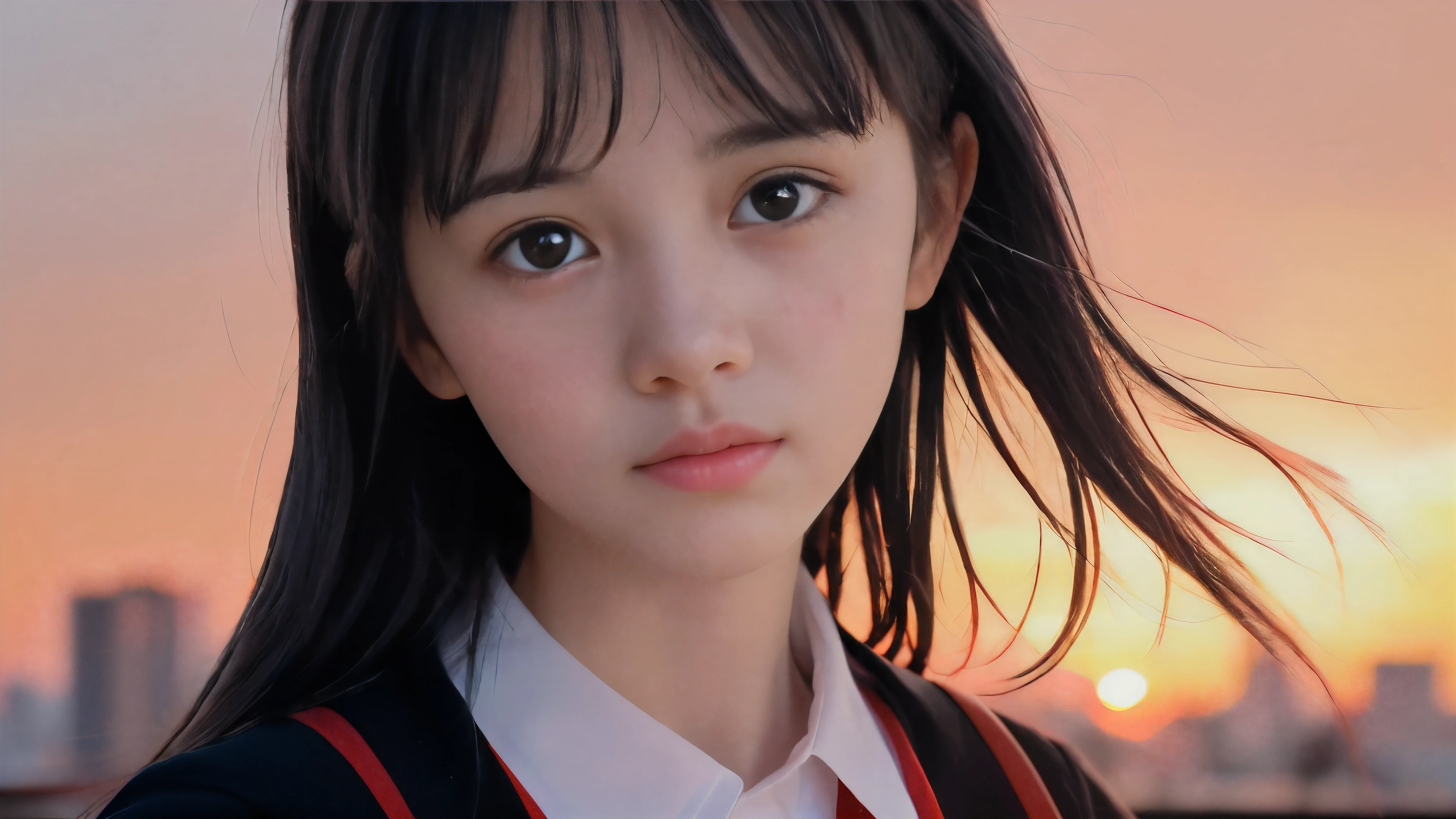 (Close up face shot of one slender small breasts two side up black medium hair bangs girl crying  with tears on her face in long sleeves black school uniform:1.5)、(One girl is turn around at sunset red sky with her face is reflected sunset light and her hair is blowing in long sleeves black school uniform:1.5)、(Beautiful red sunset sky at skyscraper city landscape:1.5)、(8k ultra detailed master piece:1.5)、(perfect anatomy:1.5)、(Photorealistic stick:1.5)、(Raw photo:1.3)、(highest quality:1.5)、(High resolution:1.3)、(Delicate and beautiful perfect face:1.3)、(Delicate and beautiful eye air skin:1.3)、(Real Human Skin:1.3)、((thin legs))