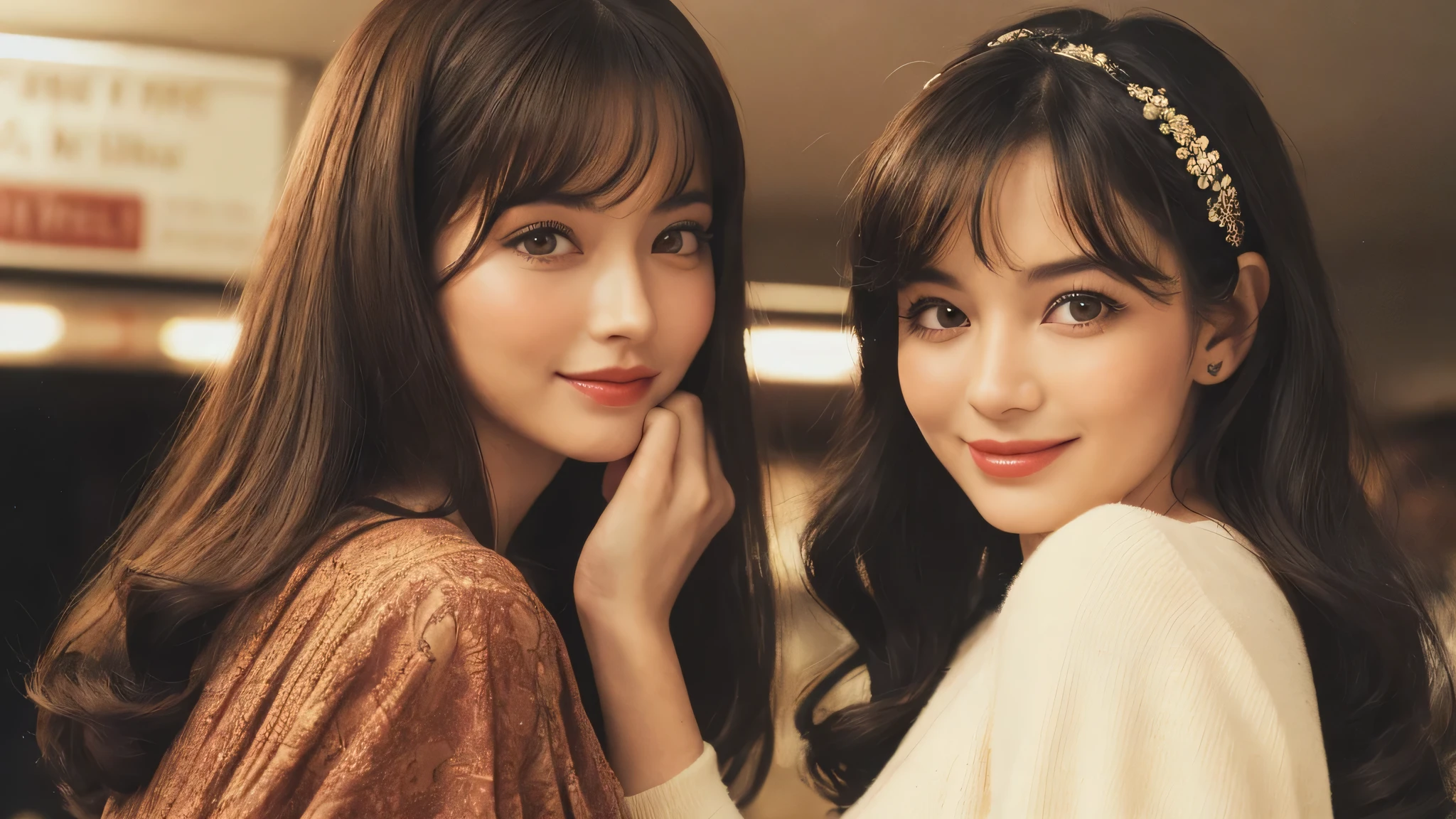 (1970s women:1.3), (1women:1.3), smile shyly, (highly detailed face), (extremely detailed beautiful face), (Early Showa hairstyle, retro hairstyle, 1970 fashionable clothing, oldies fashion:1.3), (Best Quality:1.4), (Ultra-detailed), extremely detailed CG unified 8k wallpaper, Realistic portrait, Beautiful detailed, High-definition raw color photos, professional photography, (fine face:1.2), focus on women, (oldies, oldies songs, Old photos, retro photos, sepia photos, valuable photos that give you a sense of the times), A scene from a retro movie from the 1970s,