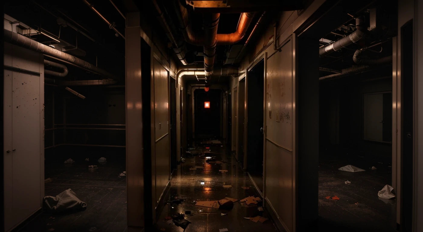 a dimly red lighted space station hallway with debris and scraps scattered around the floor and pipes revealing on the ceiling, black steel walls with no doors