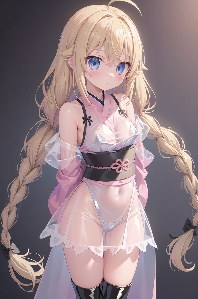 1girl,solo,cowboy shot,(standard height),standing,(blonde hair:1.4),long hair,twin braids,ahoge,hair ribbon,(blue eyes:1.2),(beautiful fingers:1.4),(perfect anatomy:1.4),(arms_behind_back:1.4),(cold_shoulder:1.4),BREAK,(pink silk lace glossy lamé kimono:1.6),(leotard:1.4),(latex luster shiny glossy metallic:1.4),(shiny_clothes:1.4),(medium breasts:1.4),(masterpiece:1.2),best quality,(Ultra high definition eyes:1.2),8k,(Beautiful detailed eyes:1.2),(Fine and beautiful eyes:1.2),(pretty eyes:1.2),finely detail,extremely CG, absurdres,high resolution,illustration,Detailed and beautiful outlines,finely detail,high resolution,(colorful refraction:1.4,Increase saturation:1.2),beautiful lighting,dynamic lighting,closed room,black background,simple background, smile,looking at viewer,roxy, white dress, neck ribbon, black ribbon, brown cape,(white Clear PVC sheets sleeves:1.4),(sheer sleeves:1.4),(see-through sleeves:1.4),(wide sleeves:1.2),(pink thigh boots:1.2),roxy, ahoge, black ribbon, blue eyes, braid, hair between eyes, hair ribbon, long hair, twin braids, very long hair,