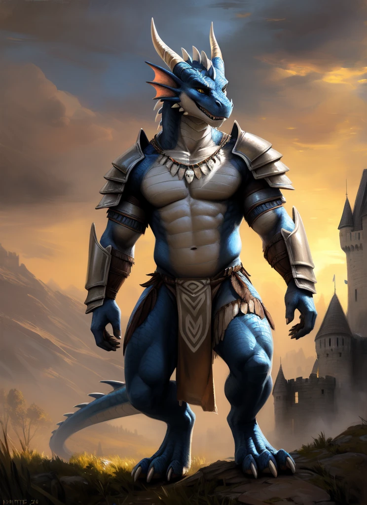 uploaded on e621, (male anthro dragon), standing, solo, muscle, detailed scale texture, old castle, (battlefield), (tribal clothing, ((long loincloth))), (shoulder armor, leg armor), blue body, white belly, dawn, shaded, dim environment, (front view), looking pleasured, [simple background], detailed eyes, masterpiece artwork, caustics, rim lighting, single light source, sharp shadows, solo portrait, (digitgrade, toe claw), (realistic, photorealistic, hyper realistic, ultra detailed), by kenket, chunie