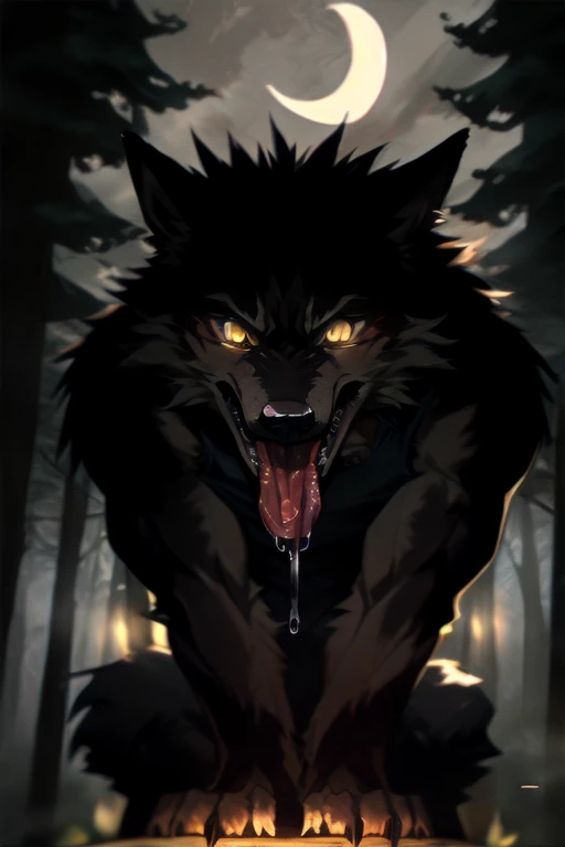 A first-person human perspective of being pushed down and looking up、Werewolf、Muscular、Face is coming closer、Close Face、Crouching posture、Straddle the observer、Looking down from above、fur、Fluffy、chest hair、hand、Pad、Yellow Eyes、Nasty look、左下から観測者のhand、Werewolfに向かう、Werewolfの腕、腕をhand前に伸ばす構図、Werewolfが観測者のhand首を握る、Looking at this、Open your mouth wide、In the mouth、Swallowed Whole、Long Tongue、tooth、throat、Dripping saliva、Hot breath、Late Night、fog、Towering Forest、Crescent Moon、darkness、dark、Backlight、can not see、Horror、(masterpiece、Highest quality)