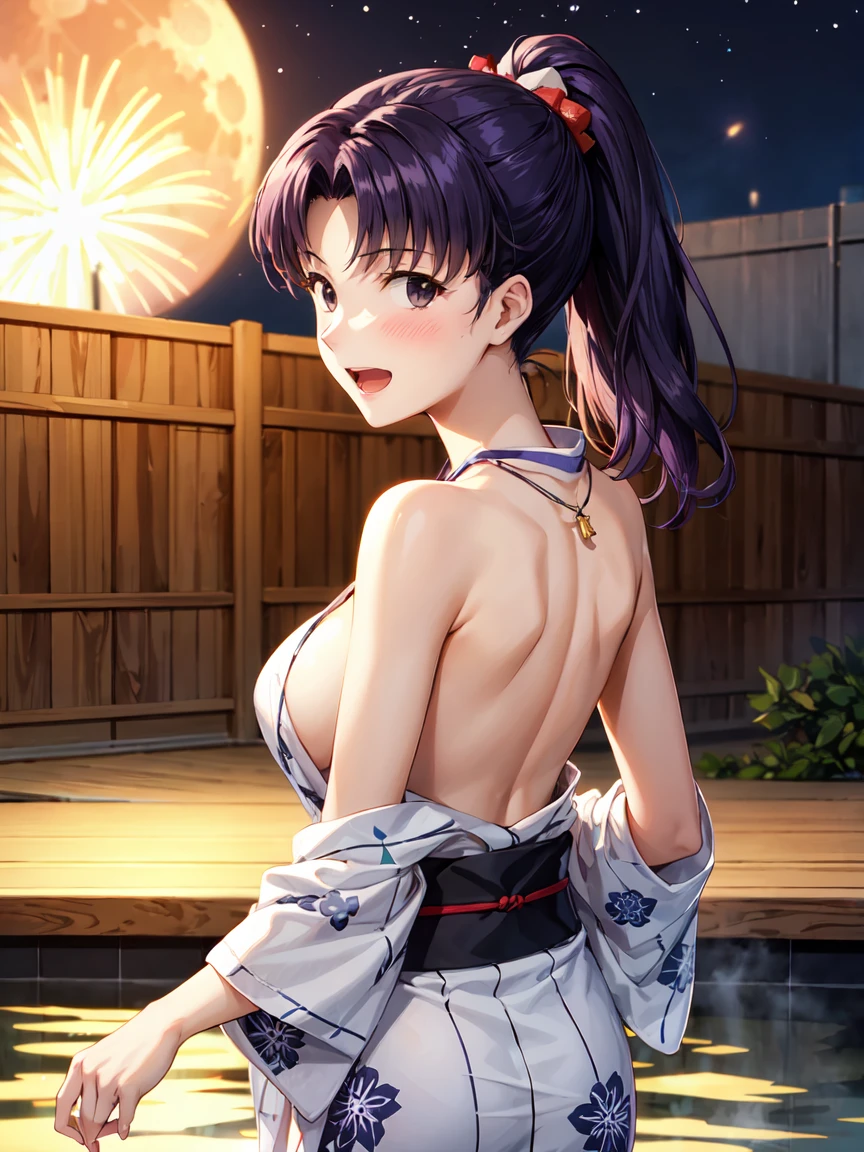 Masterpiece ,best quality , high resolution , ultra detail , colorful , soft light , mild light , sunlight , shinny , (perfect fingers , Detailed fingers, perfect hands) , (1 girl solo:1.38) , (Misato katsuragi) , (black eyes, ponytail , purple hair, medium_long_hair, make up, necklace, tall, slim body,) , (Wear a yukata,Japanese Yukata,Bathrobe , bare shoulder , strapless , head tilt) , (cleavage:1.15) , (big breast:1.1) , (outdoor, firework ,
in hot spring , night , moon , spring , pound ) , (standing cowboy shot) , ( full face blush , shy , smile , open mouth) , (back view , from behind , head back , looking back)