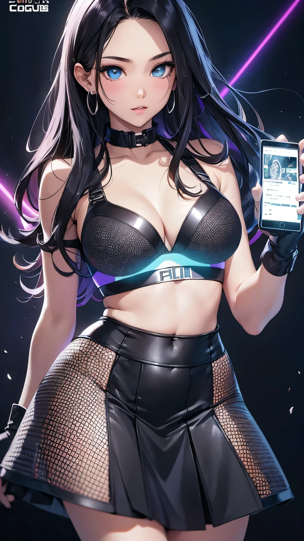 最high quality、Best image quality、masterpiece、With a girl((cute、20-year-old、Best Bust、Medium Bust、Bust 85,Beautiful Blue Eyes、Spread your chest wide,Long black hair、Slender、Black sports bra、White short skirt,Show the whole body、Black perforated gloves、dance)）high quality、Beautiful art、background((club house、Cyan lighting、Multiple purple laser points、Fitness Club、night、virtual)),Tabletop、Exquisite design、Visual Arts、Depth of written boundary、Best lighting、Highest detail、8ｋ