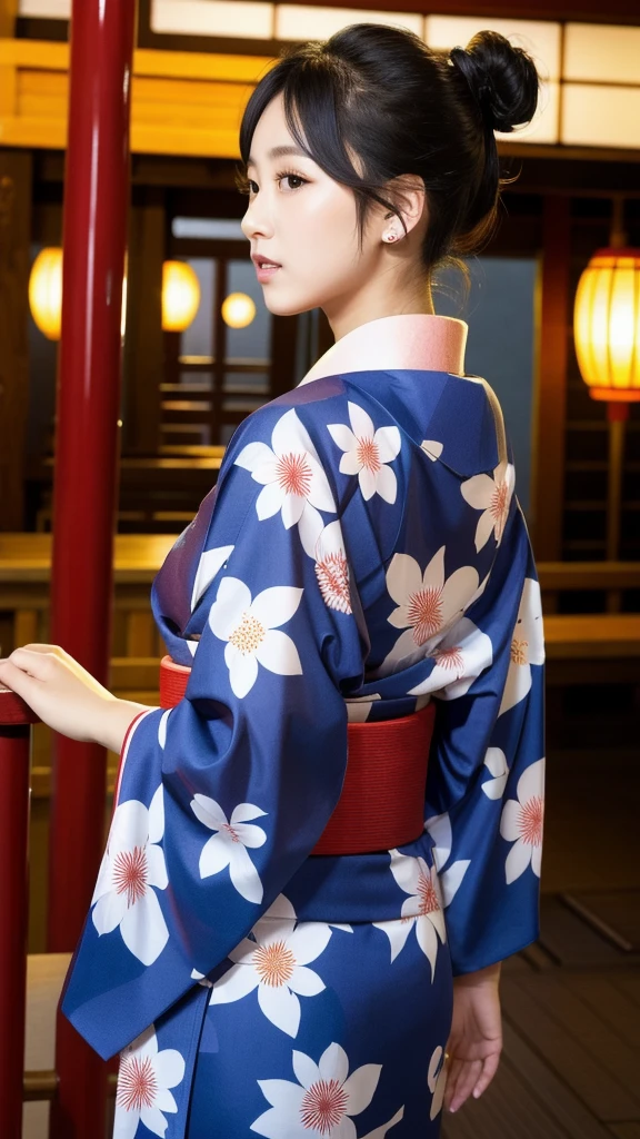 (8K, Realistic, RAW Photos, Highest quality: 1.4, detailed),Japanese idol-style beautiful girl,1 person,18-year-old,(Black Hair),Hair is in a bun,Large, clear grey eyes,Long eyelashes,(piercings(small)),(Lip gloss),lips(Plump,glossy),thin long neck,Thin and delicate shoulders,yukata(Japan Traditional Dresses,Long length),Thick obi,Night Festival,View from the rear,Downcast profile,Knee Top Portrait