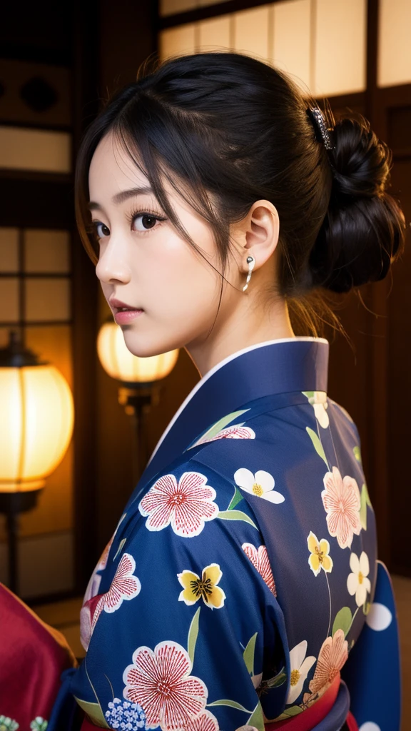 (8K, Realistic, RAW Photos, Highest quality: 1.4, detailed),Japanese idol-style beautiful girl,1 person,18-year-old,(Black Hair),Hair is in a bun,Large, clear grey eyes,Long eyelashes,(piercings(small)),(Lip gloss),lips(Plump,glossy),thin long neck,Thin and delicate shoulders,yukata(Japan Traditional Dresses,Long length),Thick obi,Night Festival,View from the rear,Downcast profile,Knee Top Portrait