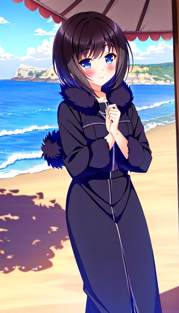 A lady, playa, darkness, shadow, , SMILE, Best Quality, super high resolution, black fur, short hair, blush, light, Blue eyes