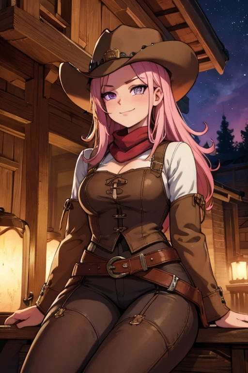 A pink haired female cowgirl with violet eyes with an hourglass figure in a conservative cowgirl outfit is sitting on the roof of a wild west home at night with a big smile
