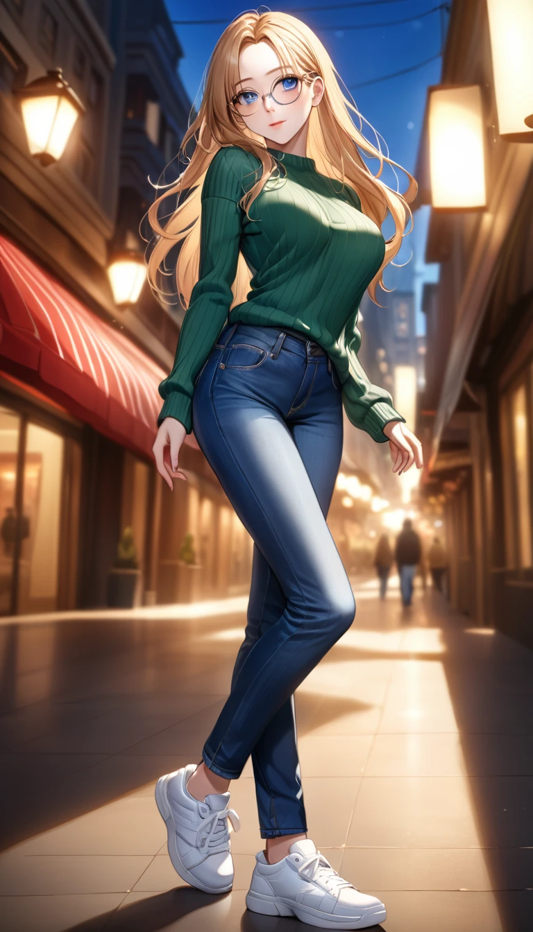 best quality, highres, 8k, masterpiece, immersive atmosphere, chiaroscuro:(1.5, bright light:1.2, luminous lighting), blurring, (background blur:1.5), 
(dynamic angle, seductive pose:1.2), outdoors, downtown, (legs focus, full body:1.5), delicate features, (beautiful face, beautiful eyes, beautiful legs), not safe for work, (opaque:1.5), high contrast, SDXL,
1girl, (25 years old:1.5), white skin, blue eyes, (reading glasses:1.2), blonde hair, straight hair, medium-long hair, (forehead:1.2), bright lips, seductive smile, (slender figure:1.1), (green sweater:1.2), large breast, hard nipples, (jeans pants:1.4, blue jeans:1.4, skinny jeans:1.2), (white sneakers:1.2),