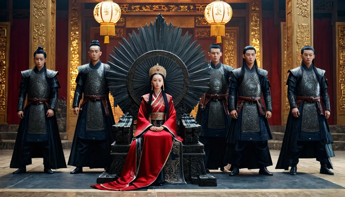 score_9, score_8_up, score_7_up, source_photo, photography, realistic, rating safe, from side, wide shot, viewer is far from her, cinematic angle, ultra detailed, absurdity, 1girl, Wu Zetian, sitting on Throne, hands on knees, looking at boys, long hair, black hair, multiple boys, they are all fours, masterpiece, 8k,
