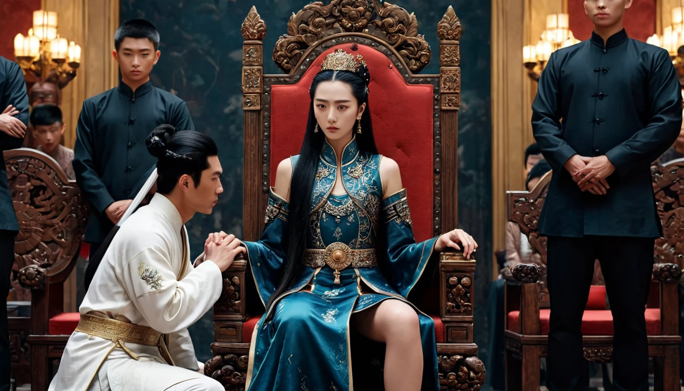 score_9, score_8_up, score_7_up, source_photo, photography, realistic, rating safe, from side, wide shot, viewer is far from her, cinematic angle, ultra detailed, absurdity, 1girl, Wu Zetian, sitting on Throne, hands on knees, looking at boys, long hair, black hair, multiple boys, they are all fours, masterpiece, 8k,