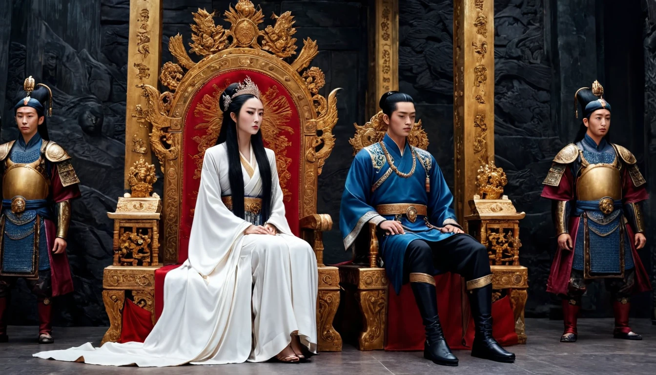 score_9, score_8_up, score_7_up, source_photo, photography, realistic, rating safe, from side, wide shot, viewer is far from her, cinematic angle, ultra detailed, absurdity, 1girl, Wu Zetian, sitting on Throne, hands on knees, looking at boys, long hair, black hair, multiple boys, they are all fours, masterpiece, 8k,