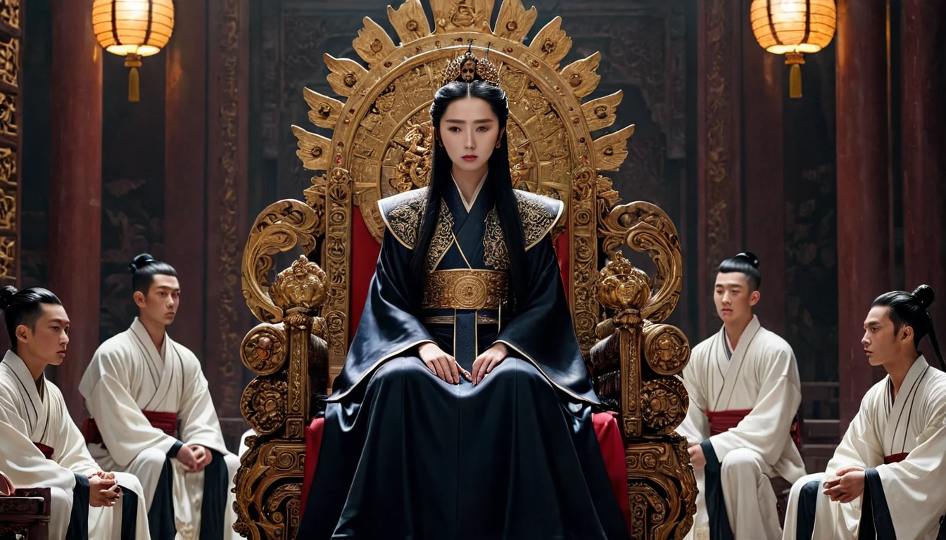 score_9, score_8_up, score_7_up, source_photo, photography, realistic, rating safe, from side, wide shot, viewer is far from her, cinematic angle, ultra detailed, absurdity, 1girl, Wu Zetian, sitting on Throne, hands on knees, looking at boys, long hair, black hair, multiple boys, they are all fours, masterpiece, 8k,