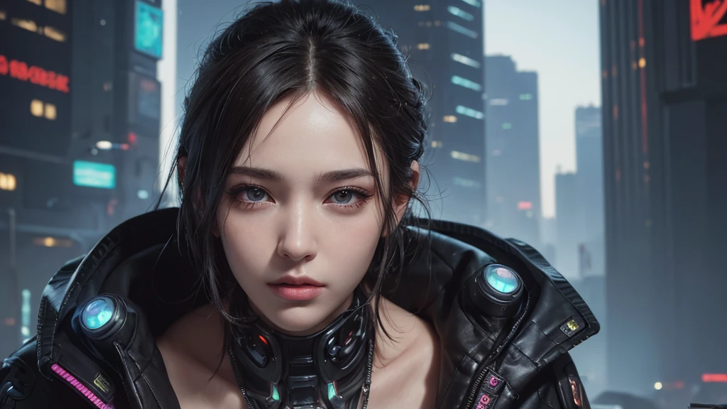 (masterpiece), (best quality), (very detailed), (1 person), (cyberpunk), future city background, detailed eyes, Detailed nose, Detailed lips, perfect face, perfect body, revealing clothing