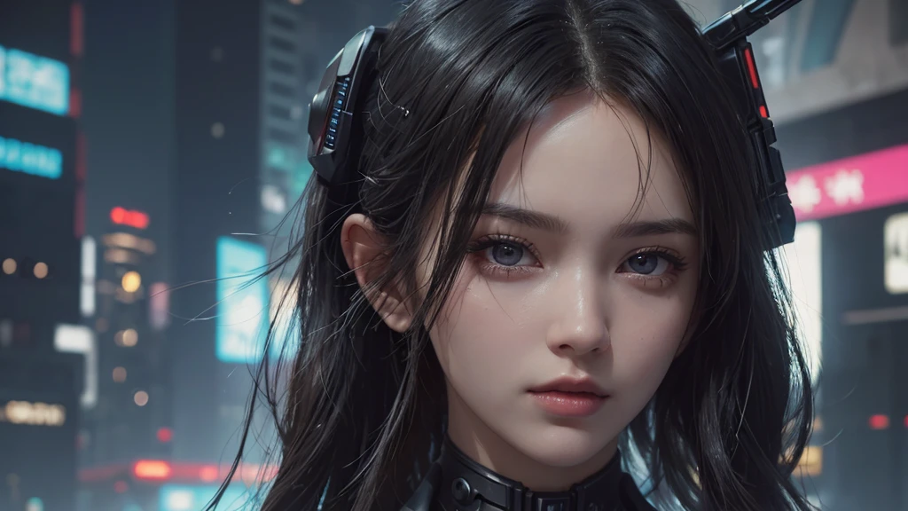 (masterpiece), (best quality), (very detailed), (1 person), (cyberpunk), future city background, detailed eyes, Detailed nose, Detailed lips, perfect face, perfect body, revealing clothing