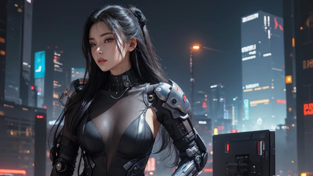 Sexy cyborg girl nice pose top roof ninja robot silver, aura light, nice view, city view, night, moon city, future city, nude