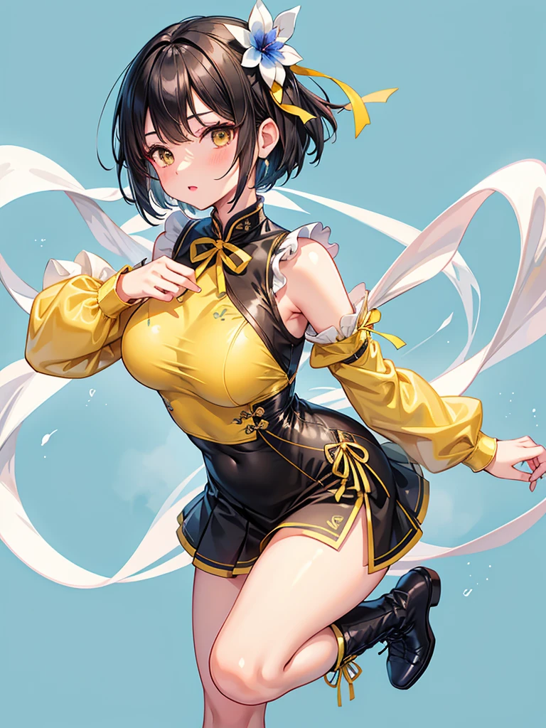 anime girl,to stand,holding on to boobs,soft,Cute,Sparkling eyes,flawless beauty,Dressed in school uniforms,Long black hair,Colorful Hair Accessories,Bright and rich colors,innocent smile,magical background,Fantasy atmosphere,Vivid details,hight resolution,anime-style,an artistic,Playful pose,plump lips,glossy skin,expressive eyebrows,Twinkling stars,Dazzling light,Artistic shading,Vibrant and dynamic works of art,Fairytale lighting,sharp-focus,hint of the blush,pixie cut,Stylish outfit,Mesmerizing eyes,Cute and charming expression,mesmerizing stare,Charming and attractive appearance,Feminine charm,Unearthly beauty,Imaginary Surroundings,delicate features