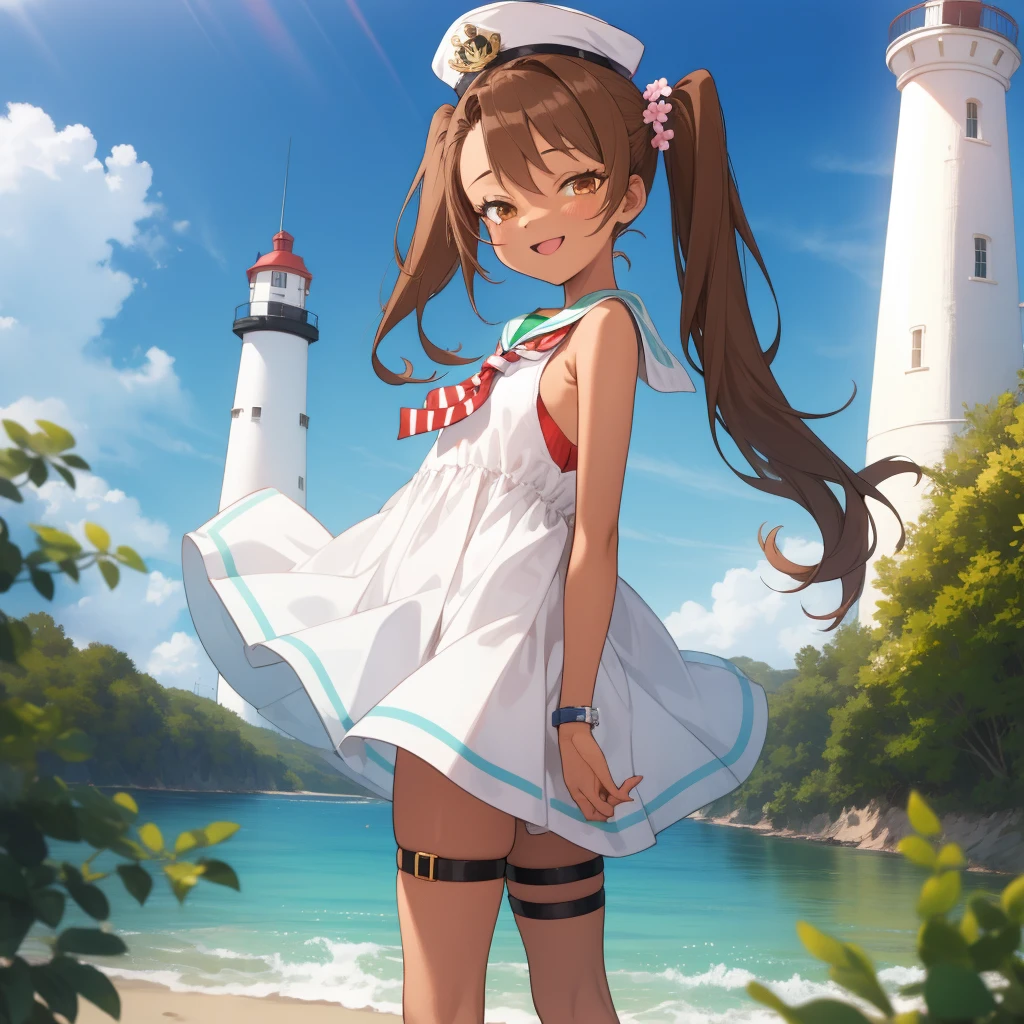 ((masterpiece)),(best quality),official art,extremely detailed CG,unity 8k wallpaper,ultra detailed,A lighthouse on a cliff by the sea,1girl,solo,cowboy shot,twintails,dark_skin,tan,brown_hair,long_hair,sailor_dress,smile,brown_eyes,sleeveless,hat,striped,looking_at_viewer,high heels,thigh strap,