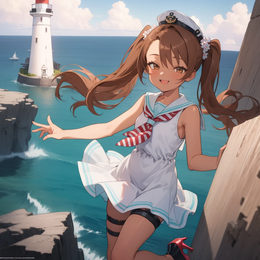 ((masterpiece)),(best quality),official art,extremely detailed CG,unity 8k wallpaper,ultra detailed,A lighthouse on a cliff by the sea,1girl,solo,cowboy shot,twintails,dark_skin,tan,brown_hair,long_hair,sailor_dress,smile,brown_eyes,sleeveless,hat,striped,looking_at_viewer,high heels,thigh strap,