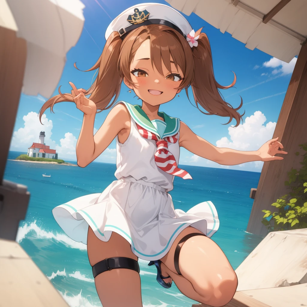 ((masterpiece)),(best quality),official art,extremely detailed CG,unity 8k wallpaper,ultra detailed,A lighthouse on a cliff by the sea,1girl,solo,cowboy shot,twintails,dark_skin,tan,brown_hair,long_hair,sailor_dress,smile,brown_eyes,sleeveless,hat,striped,looking_at_viewer,high heels,thigh strap,