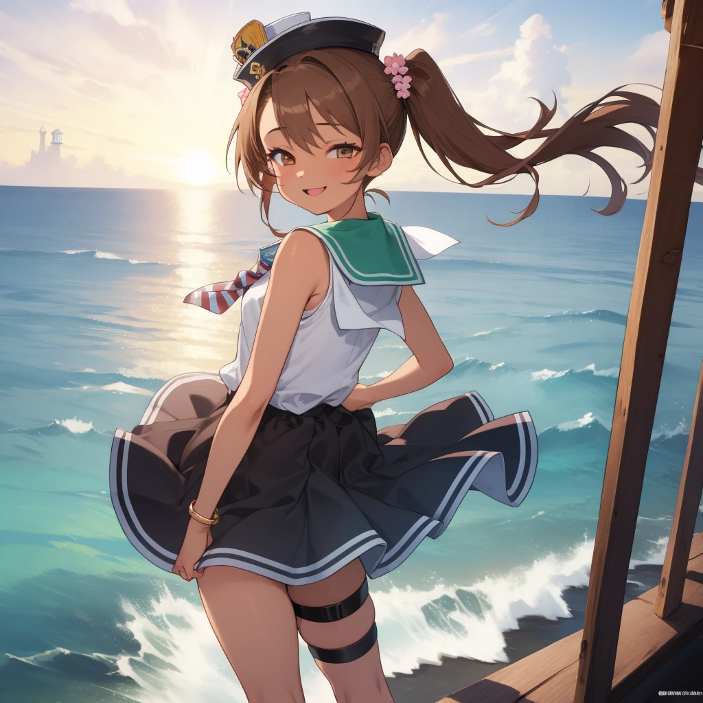 ((masterpiece)),(best quality),official art,extremely detailed CG,unity 8k wallpaper,ultra detailed,A lighthouse on a cliff by the sea,1girl,solo,cowboy shot,twintails,dark_skin,tan,brown_hair,long_hair,sailor_dress,smile,brown_eyes,sleeveless,hat,striped,looking_at_viewer,high heels,thigh strap,(nsfw)