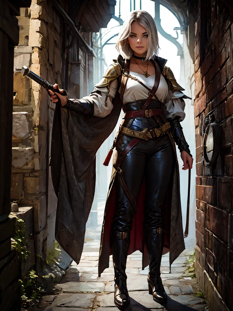 Little Red Riding Hood grew up to be a witcher,Holding a silver sword in his hand,Wearing tights,Cold personality,Wearing a sawed-off shotgun,Wearing long boots,A pair of arm armor,There is a cross pattern on the arm armor,A cross necklace around the neck,Carrying a long-handled shotgun on his back,slim,Sexy,Various potion bottles are worn on the belt,Wearing white clothes,Will use magic,Wearing shorts,Black Silk,shawl,leather armor,Leather pants,Braids,Mature women,short hair,Gold Eyes