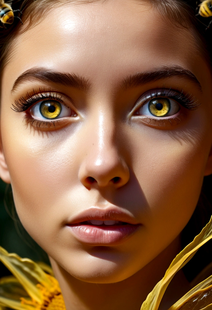 photoillustration double exposure of merged, a bee-queen, a girl, full face, (transparency effect )big eyes as bee eyes fit on her eyes, facet-bee eyes, crystalite eyes, (transparency effect mouth as bee-mouth fit on her mouth), macro photography, delicate skin, attractive pose, fashion pose, photo art, digital manipulated, extremely detailed, dramatic lighting, vivid color, intricate, 8k UHD, epic realism, fantasy art
