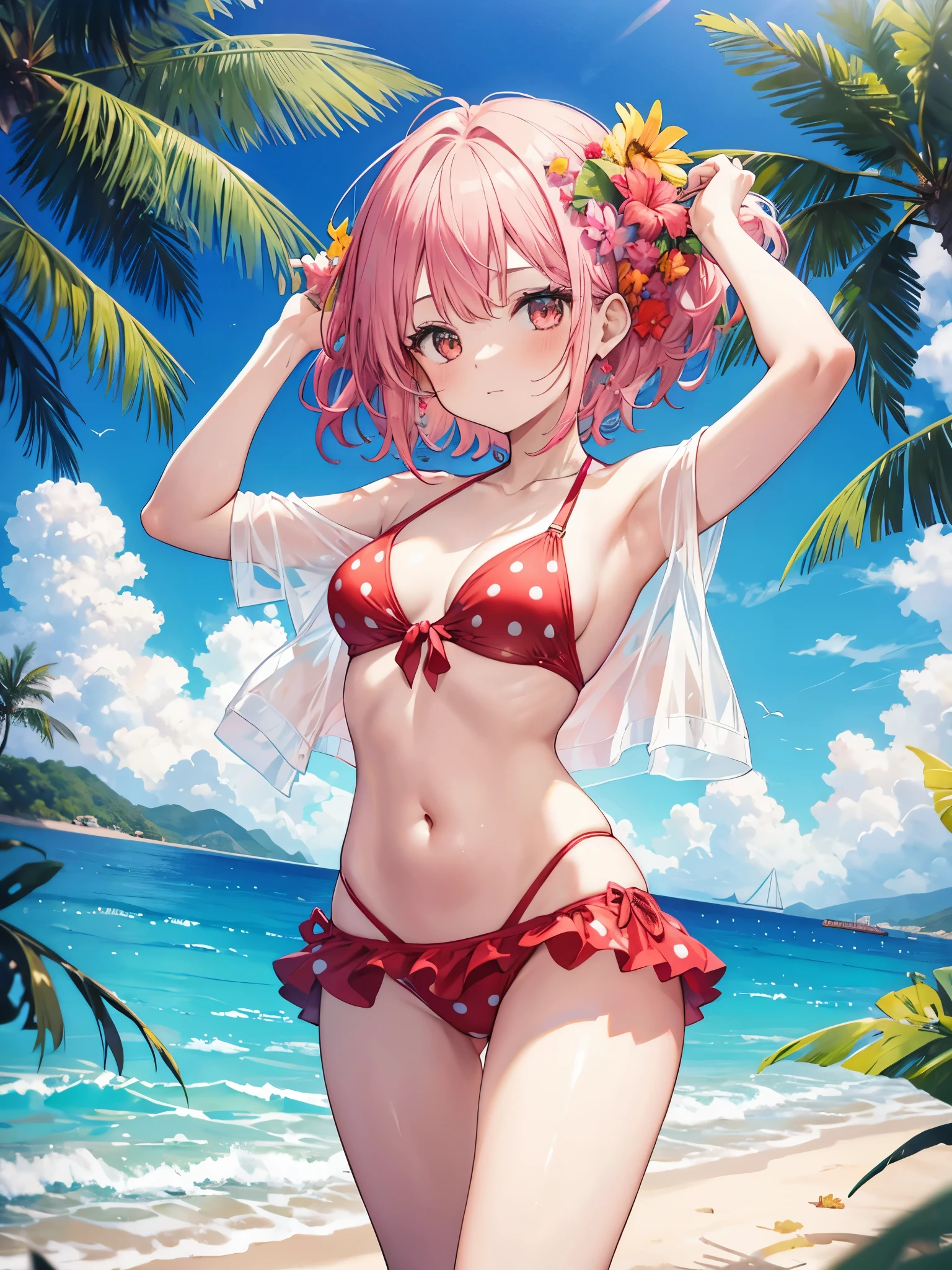 Woman in bikini posing on the beach next to palm trees,Woman wearing bikini and red and white bikini top,Sling bikini top, Bikini under clothes, Yellow one piece swimsuit, Colorful bikinis, Sports Bikini, Tankini, Brown Bikini, Aqua Bikini, Bikini Lift, Polka dot bikini, Checkered Bikini, Micro Bikini, Wear a swimsuit over your clothes, Dresses Swimwear, Pink Bikini, High leg swimsuit, Bikini Top Side, Red Bikini,