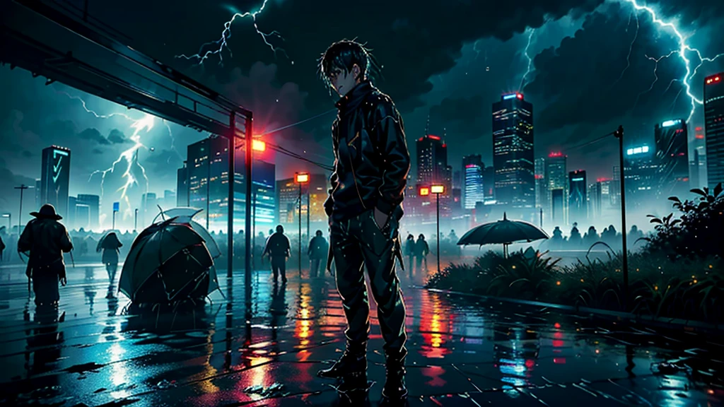 One boy,13-year-old boy、Wet body、Cyberpunk Boy、The adventure begins、(Soaking wet:2)、(lightning:1.5)、Cloudy,濃いfog、fog,It was chaotic. city of the future、Movie dystopia、A group of very tall skyscrapers stands in the center、Highly complex cityscape,Crowded Chinese skyscrapers、road signs、Street lamp、taxi、bus、train、Cyan lighting,Dark Road、There are lots of puddles、Splash、It was chaotic.、Beautiful and fantastic scenery、Cinematic landscape、high quality、Tabletop,In 8K、High resolution、