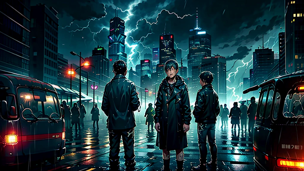 One boy,-yeld boet body、Cyberpunk Boy、The adventure begins、(Soaking wet:2)、(lightning:1.5)、Cloudy,濃いfog、fog,It was chaotic. city of the future、Movie dystopia、A group of very tall skyscrapers stands in the center、Highly complex cityscape,Crowded Chinese skyscrapers、road signs、Street lamp、taxi、bus、train、Cyan lighting,Dark Road、There are lots of puddles、Splash、It was chaotic.、Beautiful and fantastic scenery、Cinematic landscape、high quality、Tabletop,In 8K、High resolution、