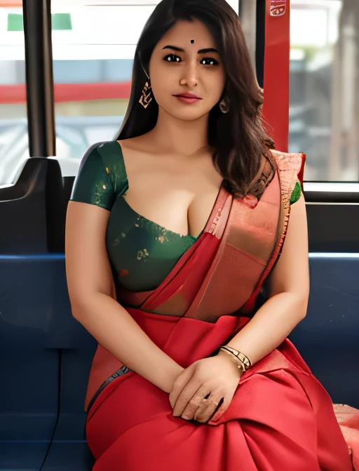 a lady(wearing saree (huge breasts:0.9), (saggy breasts: 1.2), (cleavage: 0.5)))sitting in public transport. Very realistic skin. Very beautiful face. She is giving sexy down blouse pose.