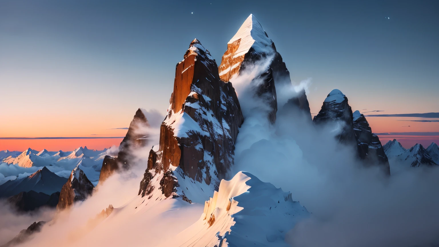 (Late Night,night,Different world scene,The highest peak in the world,A mountain peak,),Snowy mountain tops,beauty,Spectacular,majesty,Clouds,Steep,Towering into the sky,Crystal clear,山顶Clouds遮盖,Huge grandeur,Stands,Shock,Giant terror,(Parthenon)