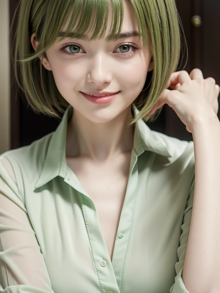 highest quality, Highest quality, masterpiece, Ultra-high resolution, Raw photo, A photo-realistic, super cute woman, smile, blush, 22-year-old woman, (Portrait:1.0), pale green hair, pixie hair, (button-up shirt:0.8), green eyes, (cleavage:0.5), standing,