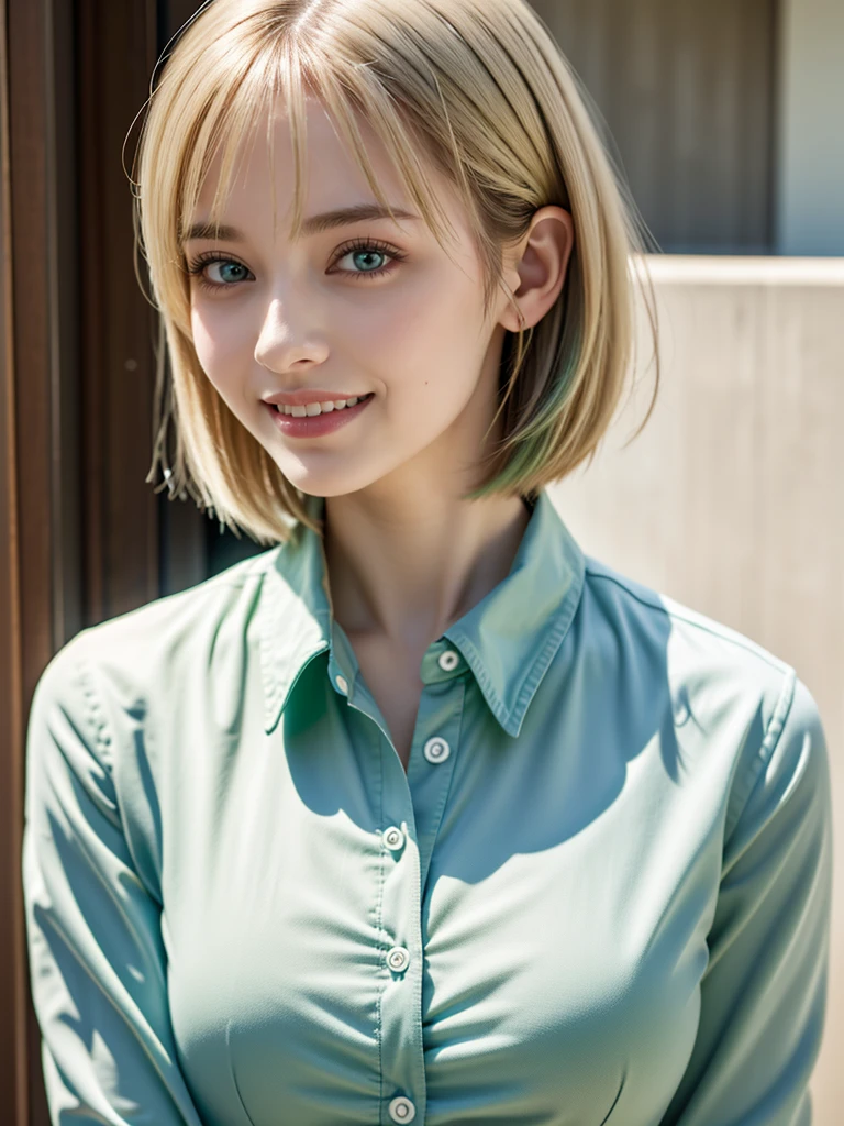 highest quality, Highest quality, masterpiece, Ultra-high resolution, Raw photo, A photo-realistic, super cute woman, smile, blush, 22-year-old woman, (Portrait:1.0), pale green hair, pixie hair, (button-up shirt:0.8), green eyes, (cleavage:0.5), standing, 