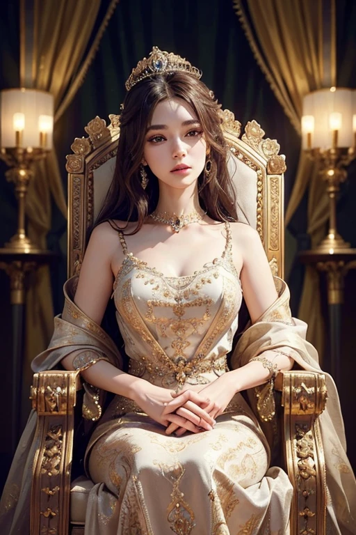 a beautiful, elegant queen, detailed facial features, piercing eyes, flawless skin, intricate crown, flowing regal gown, majestic posture, ornate throne room, opulent decor, soft dramatic lighting, cinematic composition, digital art, highly detailed, photorealistic, 8k, masterpiece