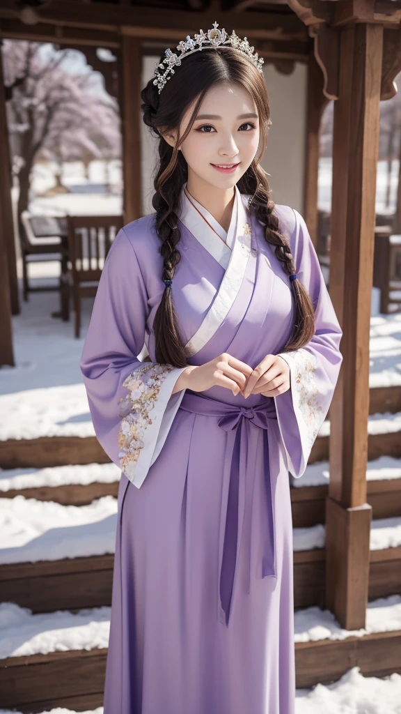 Bright Purple Taoist Robe, Hanfu long skirt, Big eyes, A masterpiece, an absolute beauty, 1 female, close. close, Healing Smile, Snow Scene, 4K quality, Twisted braid, Princess Hairstyle Princess Cut, Simple hair accessories, Plum blossom, people々Once you see it, you can&#39;t forget its beauty.