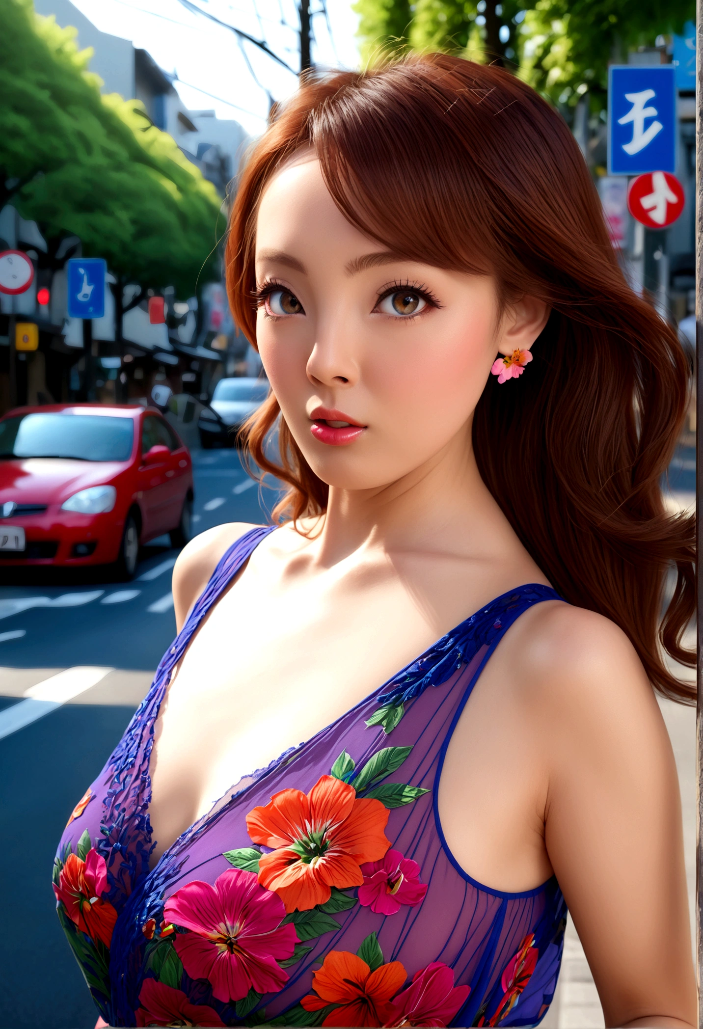 A lovely woman in a sheer brightly colored summer dress, carefree and flirting, low traffic sidewalk in Tokyo, (best quality,4k,8k,highres,masterpiece:1.2),ultra-detailed,(realistic,photorealistic,photo-realistic:1.37),beautiful detailed eyes,beautiful detailed lips,extremely detailed eyes and face,longeyelashes,detailed portrait,attractive female, warm sunlight, vibrant colors,natural lighting,intricate details,beautiful scenery,city street,urban environment,summer atmosphere
