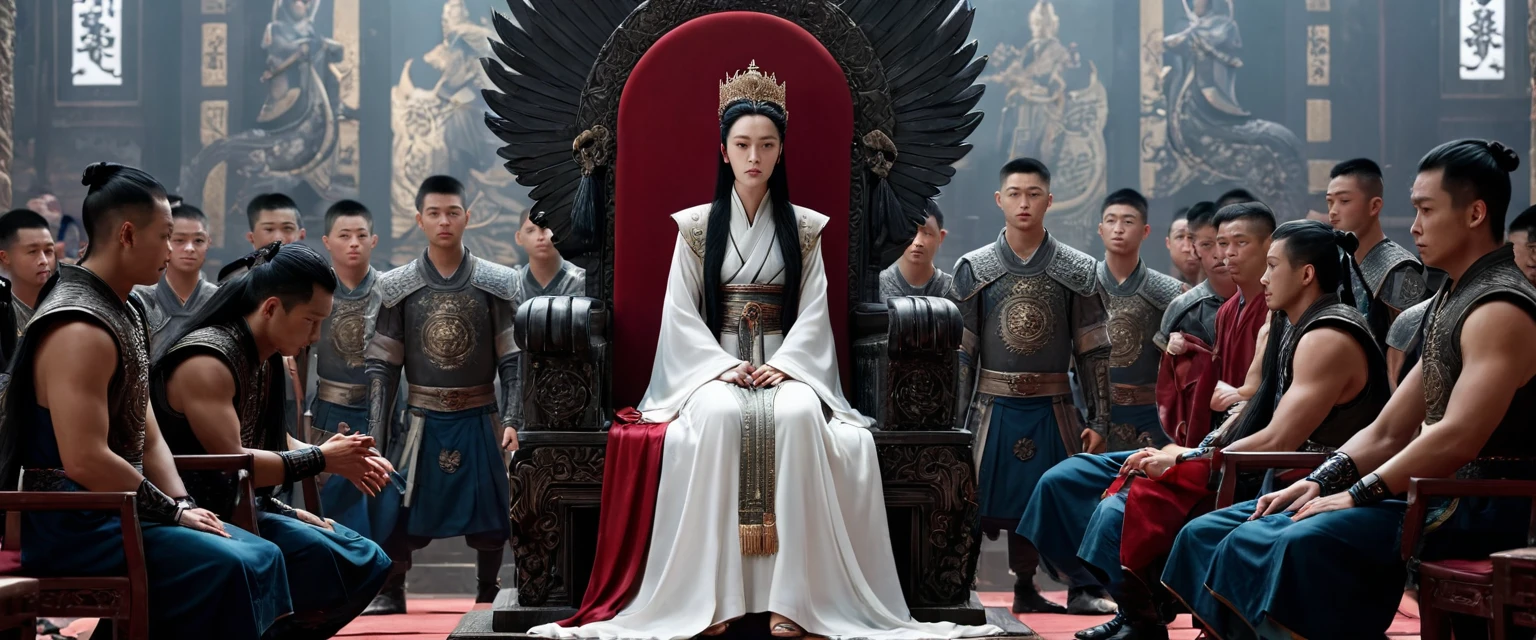 score_9, score_8_up, score_7_up, source_photo, photography, realistic, rating safe, from side, wide shot, viewer is far from her, cinematic angle, ultra detailed, absurdity, 1girl, Wu Zetian, sitting on Throne, hands on knees, looking at boys, long hair, black hair, multiple boys, they are all fours, masterpiece, 8k,