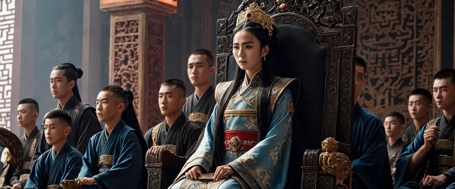 score_9, score_8_up, score_7_up, source_photo, photography, realistic, rating safe, from side, wide shot, viewer is far from her, cinematic angle, ultra detailed, absurdity, 1girl, Wu Zetian, sitting on Throne, hands on knees, looking at boys, long hair, black hair, multiple boys, they are all fours, masterpiece, 8k,
