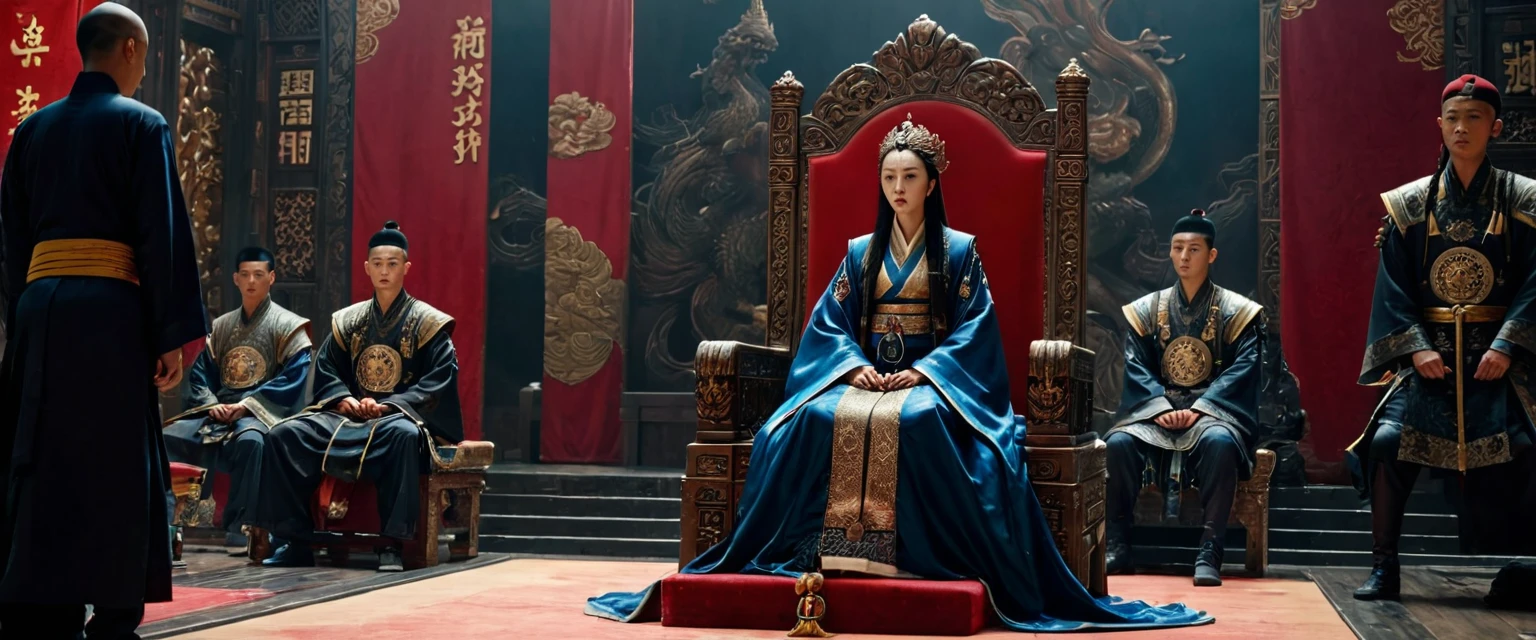 score_9, score_8_up, score_7_up, source_photo, photography, realistic, rating safe, from side, wide shot, viewer is far from her, cinematic angle, ultra detailed, absurdity, 1girl, Wu Zetian, sitting on Throne, hands on knees, looking at boys, long hair, black hair, multiple boys, they are all fours, masterpiece, 8k,